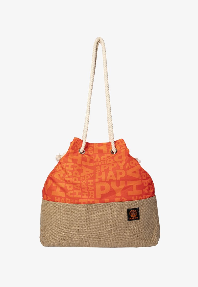 Orange and beige fabric tote bag with rope handles, featuring repeated "HAPPY" text pattern and small black label on beige section.
