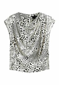 Top in bianco e nero con stampa floreale e animale, con drappeggio frontale, maniche corte e scollatura rotonda, tessuto liscio, vestibilità casual.