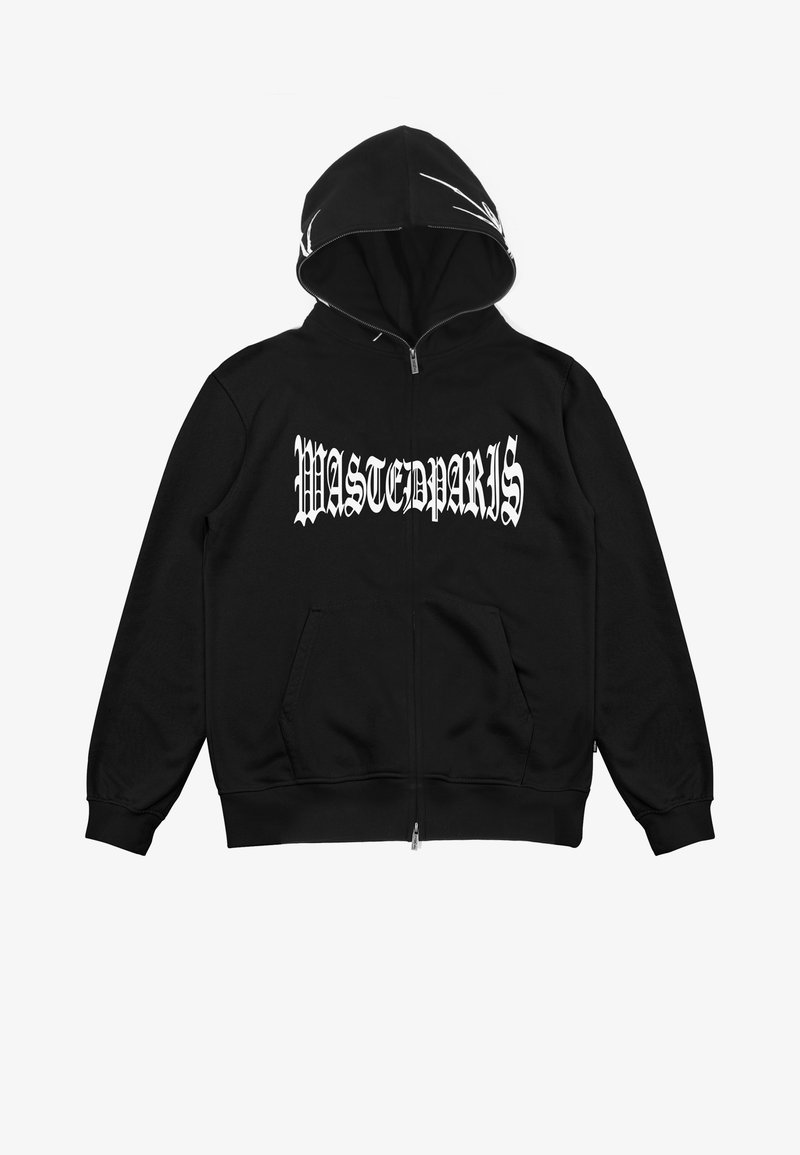 Sudadera con capucha negra de algodón con cremallera, con el logo "WASTEDPARIS" en blanco en el frente, capucha forrada y dos bolsillos delanteros.