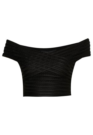 Czarny krótki top typu off-the-shoulder z teksturowanymi panelami, z poziomymi paskami i dopasowanym krojem.