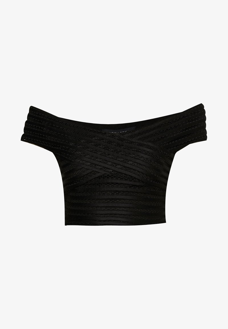 Schwarzes, schulterfreies Crop-Top mit strukturierten Einsätzen, das horizontale Streifen und eine taillierte Silhouette aufweist.