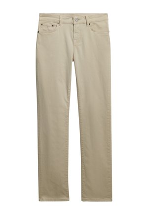 Pantalones beige de pierna recta con cierre frontal de botón y cremallera, cinco bolsillos y doble costura a lo largo de las costuras.