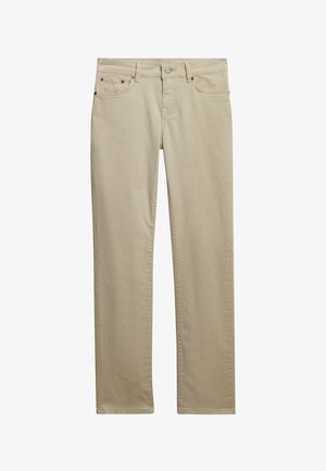 Pantaloni beige a gamba dritta con chiusura frontale con bottone e cerniera, cinque tasche e doppia cucitura lungo le cuciture.