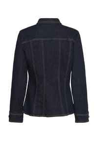 Tmavě modrá denimová bunda s přiléhavým střihem, zdobená kontrastním prošíváním, límečkem a manžetami na knoflíky. Na zadní straně jsou vertikální švy.