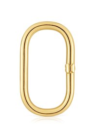 Clip de carabina ovalado de metal dorado con una textura suave y un elemento central de unión, que presenta un acabado pulido y un diseño minimalista.