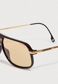 Sončna očala Carrera z rjavimi pravokotnimi lečami, črnim in zlatim okvirjem ter logotipom Carrera na nihalu, na belem ozadju.