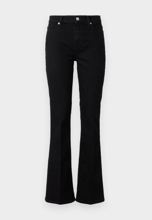 Zwarte flare jeans van denim met een soepele textuur; heeft voorzakken, een ritssluiting en zilverkleurige metalen accessoires.