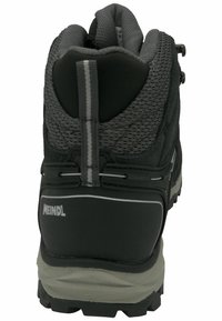 Schwarzer Wanderschuh mit einem strukturierten Stoff-Obermaterial, kontrastierenden grauen Akzenten, einem gepolsterten Kragen und einer robusten Sohle für besseren Halt.