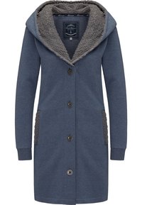 Blå langærmet knaplukket frakke med stor hætte og grå fleeceforing i hætten og lommerne, midt på låret, størrelse small.