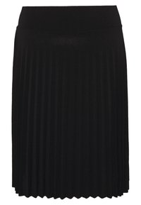 Falda negra plisada con una amplia cinturilla elástica, que presenta una textura suave y un diseño hasta la rodilla. Los pliegues crean una apariencia en capas.
