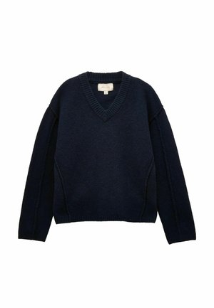 Dunkelblauer Strickpullover mit V-Ausschnitt, geripptem Kragen und Bündchen sowie Seitennähten, aus weichem, strukturiertem Material.