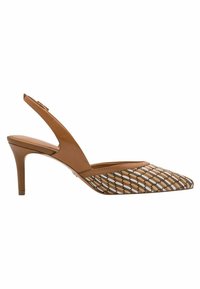Escarpins slingback en cuir marron avec un bout pointu, dotés d'un motif tissé de nuances claires et foncées. Talon stiletto modéré.