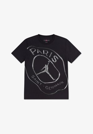 Sort bomuld T-shirt med et skinnende sølvgrafik af en Jordan-silhuet og teksten "PARIS SAINT-GERMAIN" i fede bogstaver.