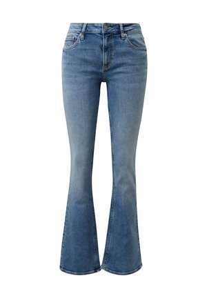 Blauwe spijkerbroek met een hoge taille, knopen en rits aan de voorkant, aansluitend bij de dijen en met wijde uitlopende pijpen aan de onderkant.