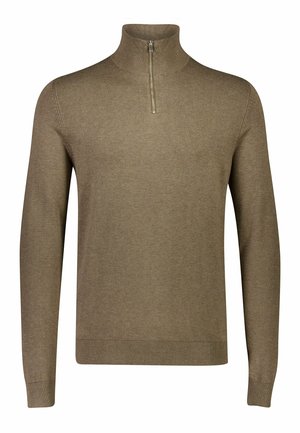 Brun strikket sweater med høj krave og en kort lynlås. Har ribbede nederkanter og ærmer. Fremstillet af blødt, tekstureret stof.