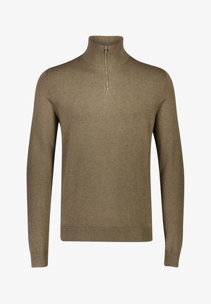 Pull en tricot marron avec un col montant et une fermeture éclair courte. Présente des poignets et un ourlet côtelés. Fabriqué en tissu doux et texturé.