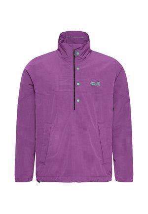 Lichtgewicht paarse jas met een rasterpatroon, een rits bij de hals en zwarte accenten. Voorzien van twee zijzakken en een groen merklogo.