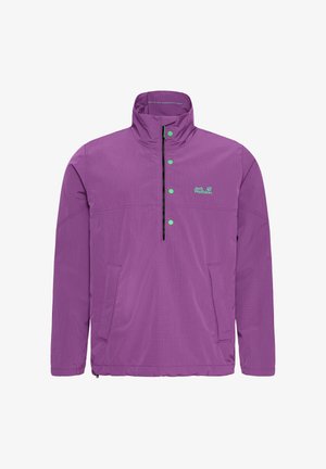 Lichtgewicht paarse jas met een rasterpatroon, een rits bij de hals en zwarte accenten. Voorzien van twee zijzakken en een groen merklogo.