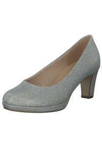 Pumps grigio chiaro con tacco alto, dalla superficie texture glitterata, punta arrotondata e tacco a blocco di 6,5 cm per una maggiore stabilità. Fodera interna liscia.