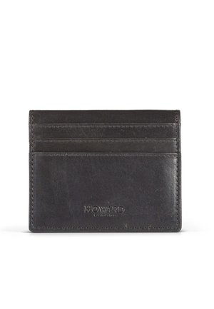 Black leather cardholder with multiple slots, featuring stamped logo detail, smooth texture, and a simple, rectangular design.