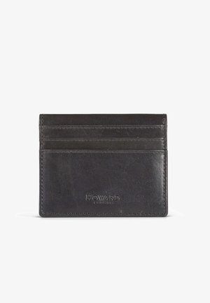 Black leather cardholder with multiple slots, featuring stamped logo detail, smooth texture, and a simple, rectangular design.