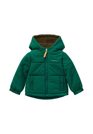 Groen gewatteerde kinderjas met capuchon, voorzichtige rits, drukknoopzakken en een bruine fleece voering in de capuchon.