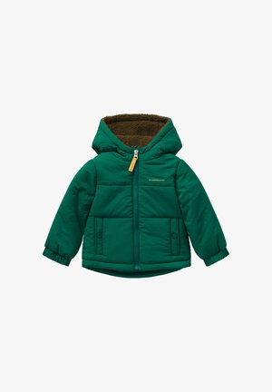Groen gewatteerde kinderjas met capuchon, voorzichtige rits, drukknoopzakken en een bruine fleece voering in de capuchon.