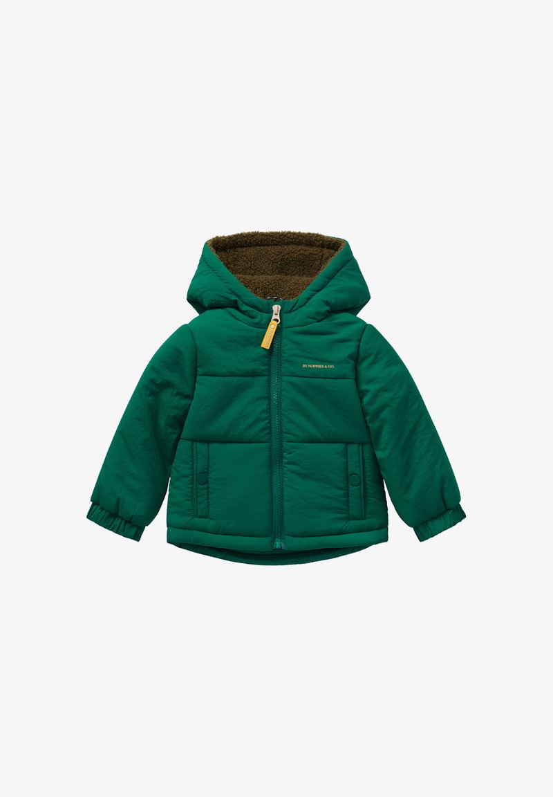 Grüne gepolsterte Kinderjacke mit Kapuze, Reißverschluss vorne, Druckknopf-Taschen und braunem Fleece-Futter in der Kapuze.