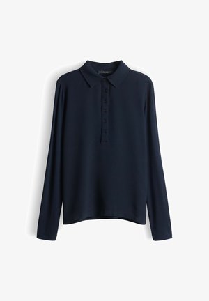 Navyblauw poloshirt met lange mouwen, een kraag en een knoopsluiting met vijf knopen.
