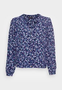 Blusa azul-marinho com estampa floral, apresentando mangas longas, decote em V, detalhes em botão e uma cintura franzida para um ajuste descontraído.