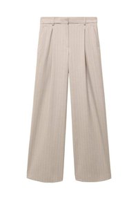 Pantalon beige à jambes larges avec un motif à fines rayures, doté d'une taille haute, de plis à l'avant et de poches latérales. Confectionné dans un tissu léger.