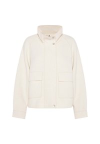 Cream-colored wool jacket with high collar, snap button front closure, long sleeves, and two large front flap pockets.