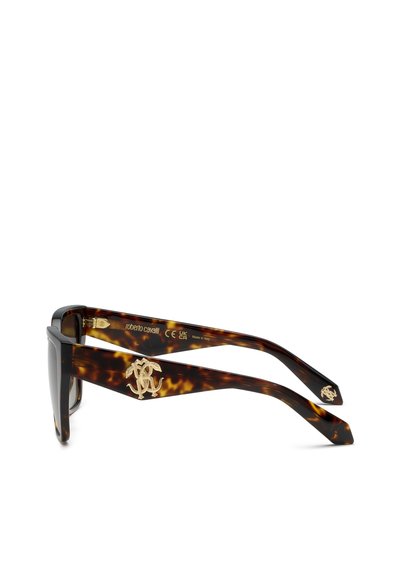 Lunettes de soleil rectangulaires en écaille avec logo Roberto Cavalli doré sur des branches épaisses, fabriquées en Italie.