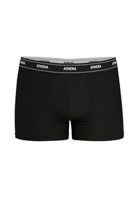 Boxers noirs fabriqués en tissu lisse, avec une taille élastique portant le logo "ATHENA" en blanc, et une coupe ajustée.