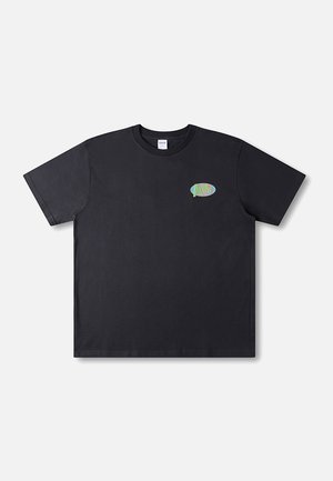 Black cotton t-shirt with short sleeves, featuring a small colorful graphic on the chest. Simple, straight-cut design.