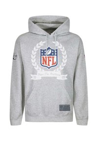 Gray hoodie featuring a front pocket, drawstring hood, and NFL logo with red, blue, and white accents, plus a textured patch at the hem.