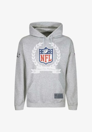 Grau Hoodie mit einer Fronttasche, Kapuze mit Kordelzug und NFL-Logo in rot, blau und weiß, sowie einem strukturierten Patch am Saum.