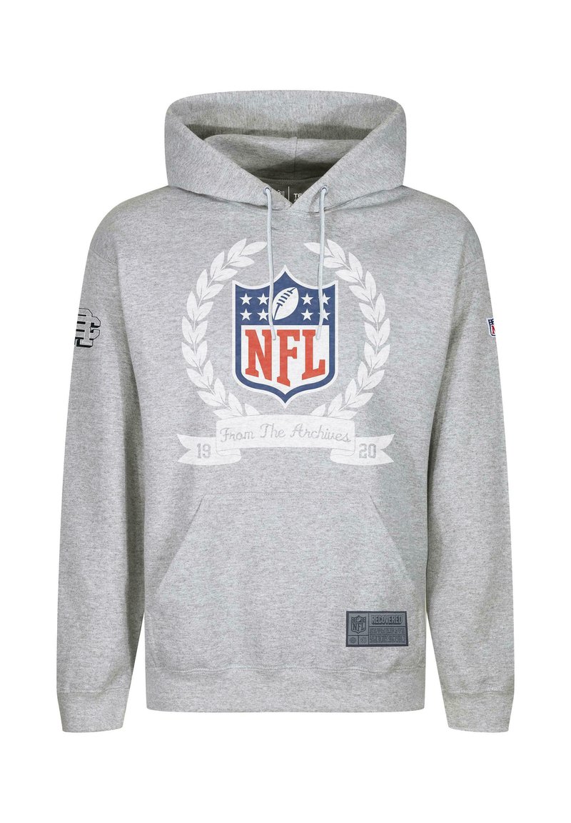 Gray hoodie featuring a front pocket, drawstring hood, and NFL logo with red, blue, and white accents, plus a textured patch at the hem.