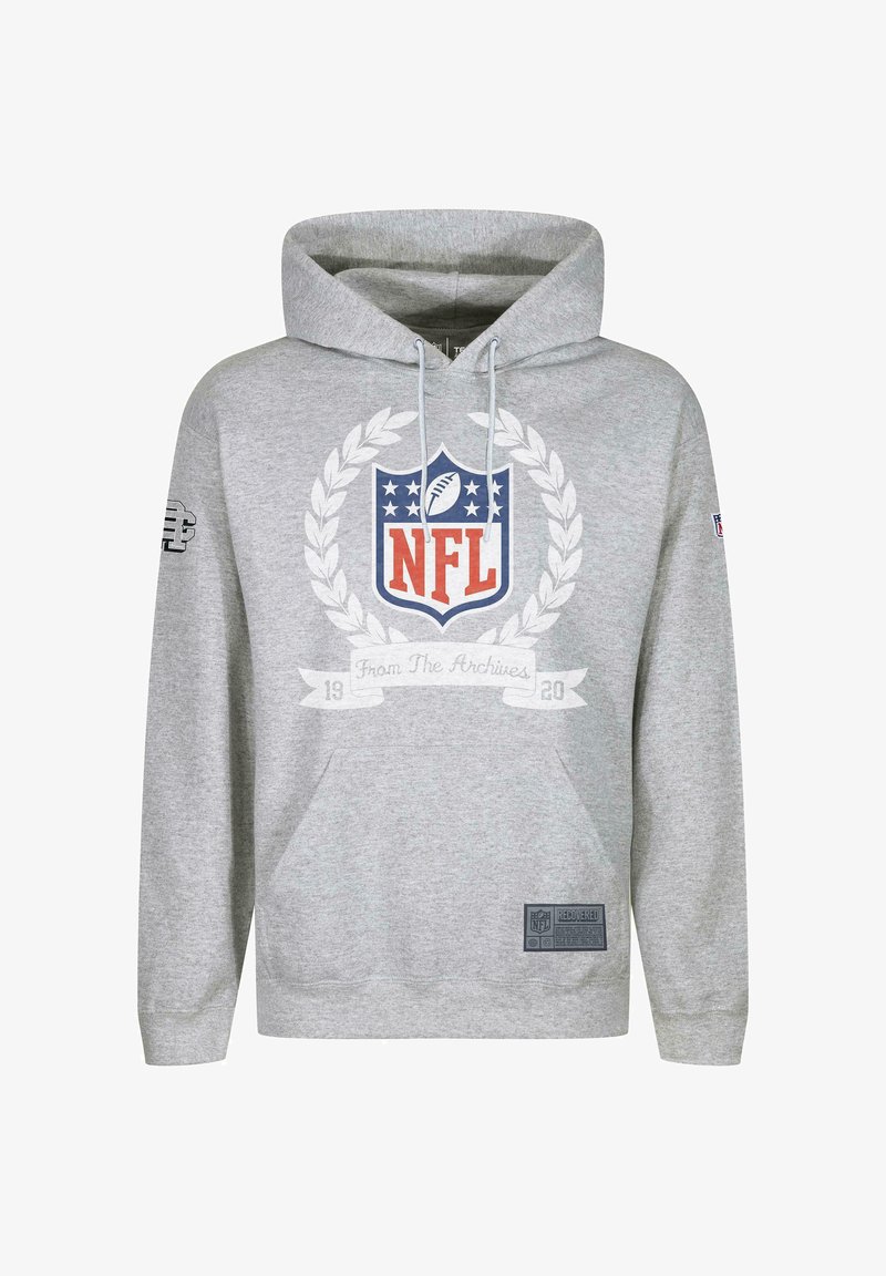 Gray hoodie featuring a front pocket, drawstring hood, and NFL logo with red, blue, and white accents, plus a textured patch at the hem.