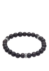 Bracciale in pietra lavica nera con sfere testurizzate e accenti decorativi in argento, che presenta una forma uniforme e un finish opaco.