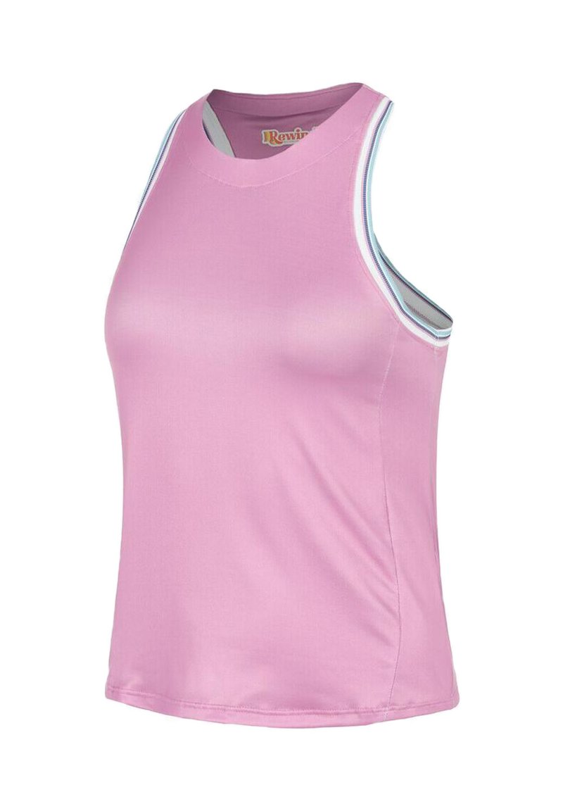 Top sin mangas rosa hecho de una tela suave, con un escote redondeado y tirantes en contraste. Diseño simple sin patrones.