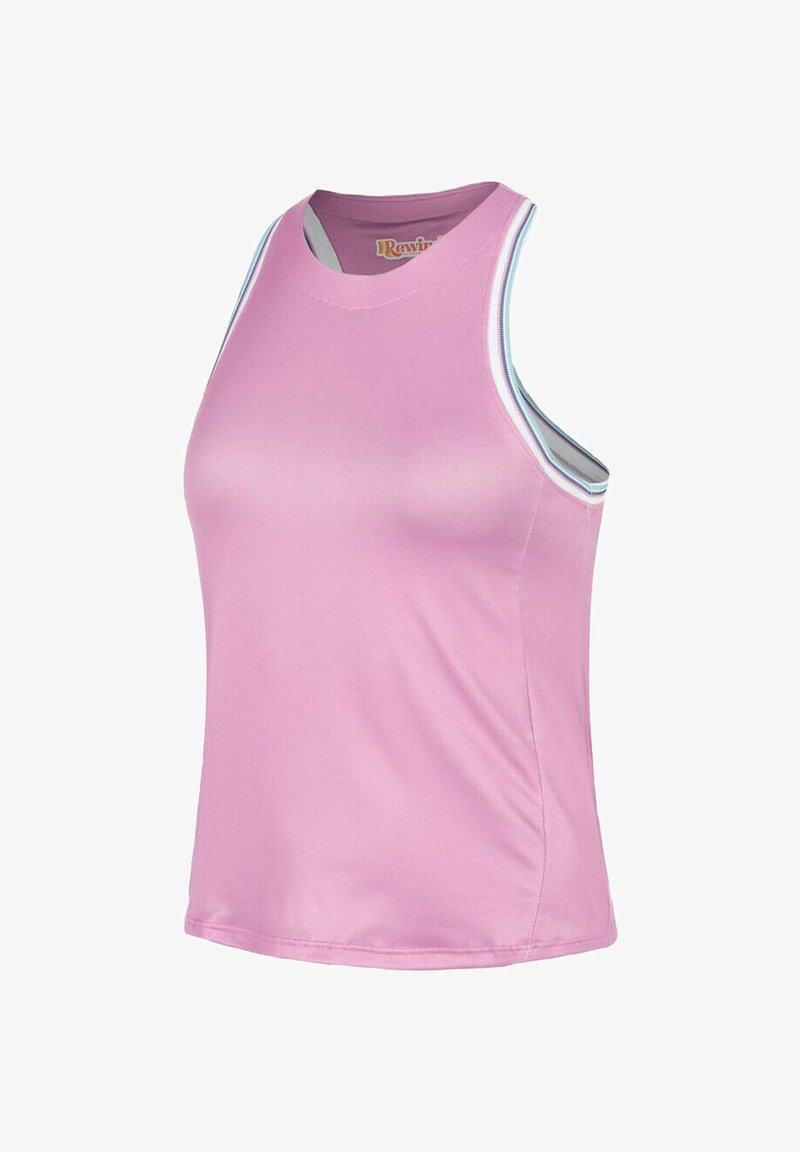 Top sin mangas rosa hecho de una tela suave, con un escote redondeado y tirantes en contraste. Diseño simple sin patrones.