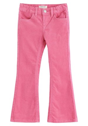 Rosa Cord-Hosen mit ausgestelltem Bein, ausgestattet mit einer Knopfverschluss, zwei Taschen vorne und einer vertikalen Rippstruktur, entworfen für Komfort und Stil.