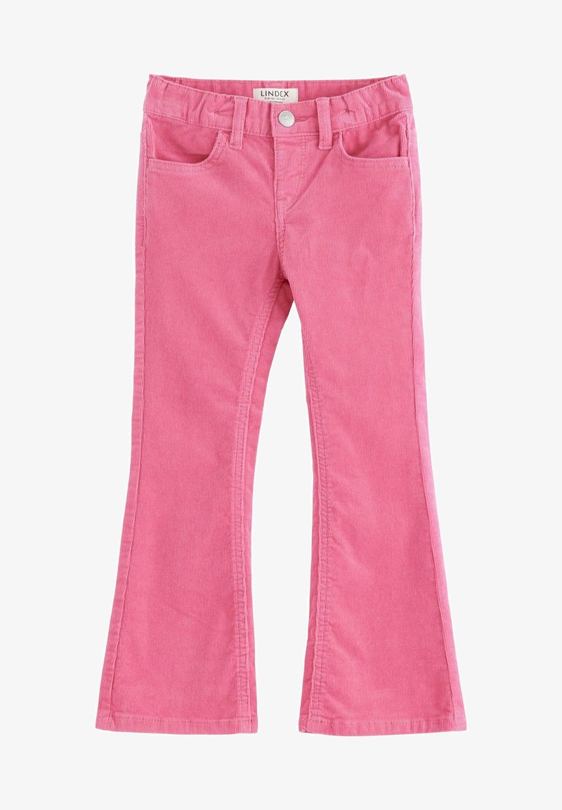 Pantalon évasé en velours côtelé rose, avec fermeture à boutons, deux poches avant et texture nervurée verticale, conçu pour le confort et le style.
