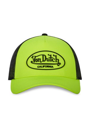 Casquette de baseball vert néon avec des côtés en maille noire, présentant un large logo noir Von Dutch et le texte Californie à l'avant.