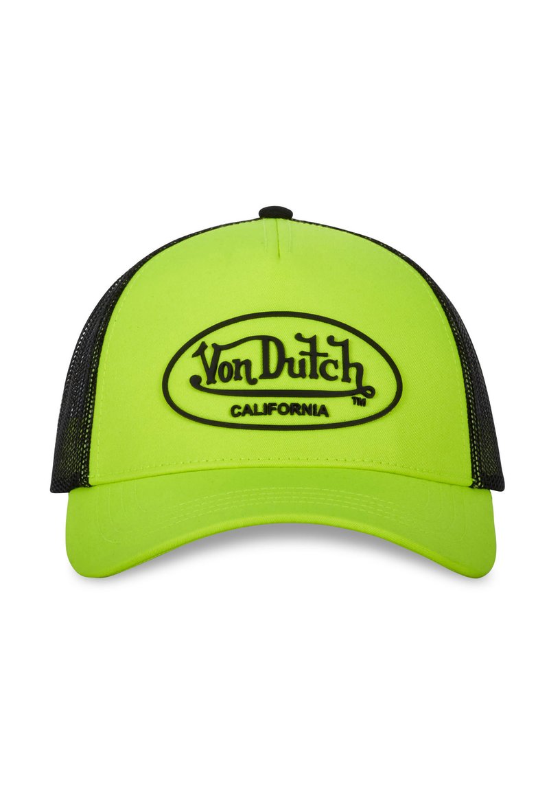 Casquette de baseball vert néon avec des côtés en maille noire, présentant un large logo noir Von Dutch et le texte Californie à l'avant.