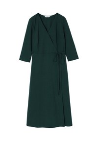 Robe enveloppante verte avec un décolleté en V profond, des manches longues, une taille à nouer et une fente latérale. Fabriquée en tissu lisse avec une finition texturée.