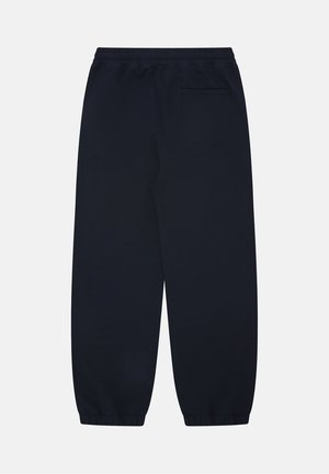 Marineblauwe sweatpants gemaakt van zachte stof, met een zijzak, een elastische tailleband en taps toelopende benen met boorden bij de enkels.