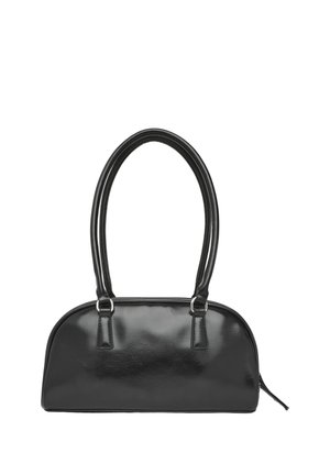 Black glossy handbag with two long handles and a rounded rectangular shape, featuring a zipper on the side.