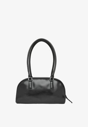Black glossy handbag with two long handles and a rounded rectangular shape, featuring a zipper on the side.